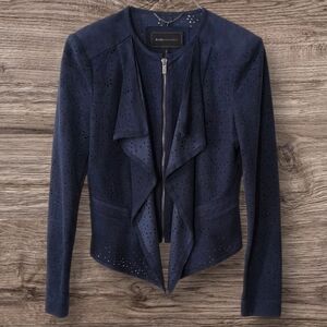 BCBGMAXAZRIA 'Eliot' Perforated Faux Suede Ruffle Lapel Jacket (Navy) Small